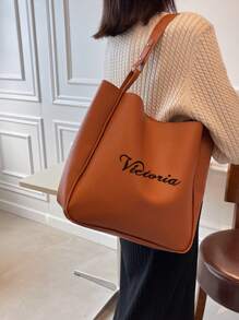 1pc Customized Embroidered Women Tote Bag, Shopping Leather Handbag, Leather Tote Bag, Women Leather Tote Bag, Women Leather Shoulder Bag, Ladies Travel Shoulder Bag - Multicolor - View 4