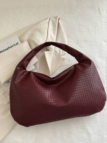 复古手拎大容量欧美风编织格纹托特包，时尚超大酒红色优雅手提包 - 酒紅色 - 查看 8