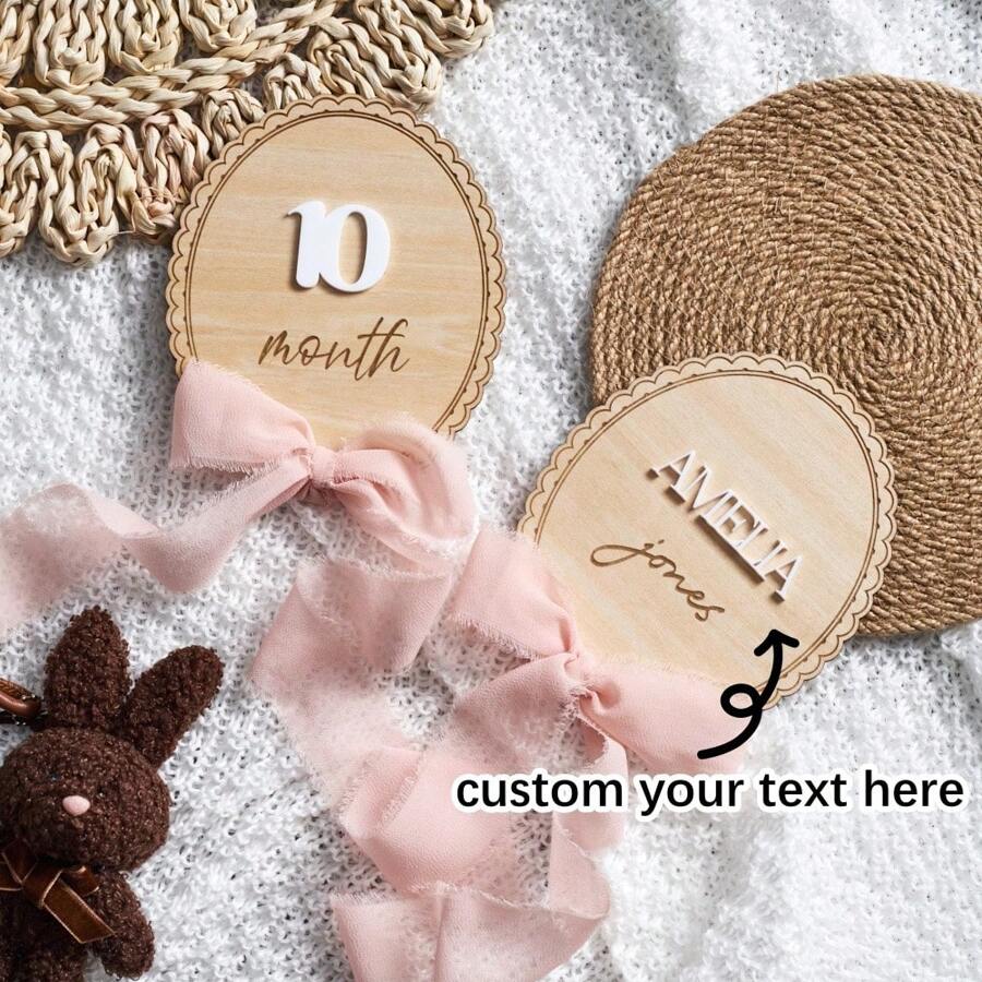 Customized Wooden Lace, Ribbon Bow, Interchangeable Milestone Cards | Personalize With Name, Baby Monthly Milestones, Nursery, Baby Shower Gifts,Graphic Print