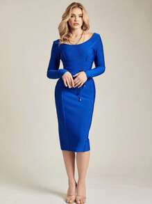 Bernatova Round Neck Tie Waist Long Sleeve Bandage Dress Bodycon Women Sexy Party Dress Evening Outfits, Wedding Guest Dress - Blue - View 1