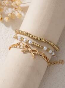 3 pièces Ensemble de bracelets élégants à multi-couches avec imitation de perles et décoration de papillon, accessoire cadeau pour femme pour soirée, rendez-vous et usage quotidien - Or jaune - Voir 2