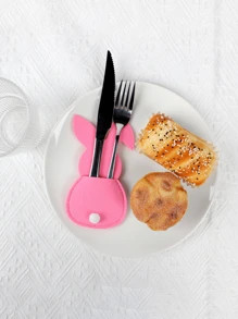 Bolsa de cuchillo y tenedor con diseño de conejo de Pascua, Juego de cubiertos con diseño de conejo, Adecuado para fiestas de Pascua, Un excelente regalo para familiares y amigos