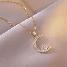 1 Peça Colar Elegante com Pingente de Lua e Coração de Strass, Corrente de Clavícula Única e Delicada, Acessório da Moda para Mulheres