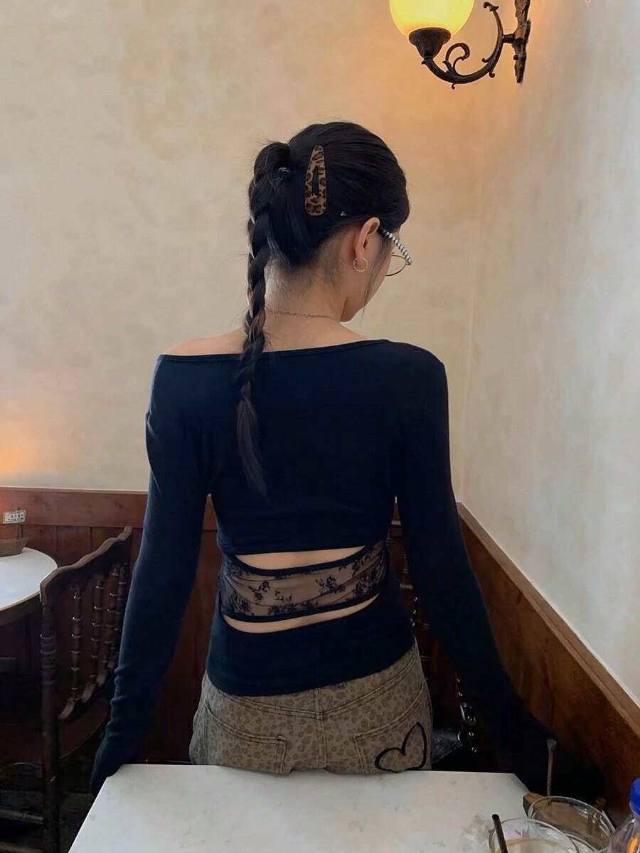 黑色修身露肩长袖T恤，春季叠穿上衣 - 黑色 - 查看 1