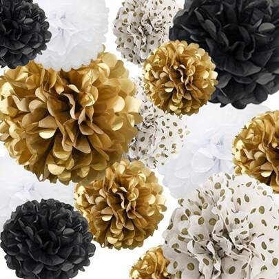 16pcs/Set Black & Gold Tissue Paper Pom Poms & Paper Flowers, Decoration For Birthday, Graduation Party, Bachelorette Party, Wedding, Bridal Shower