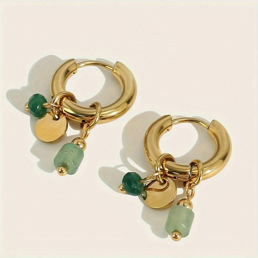 1 对不锈钢女士金环耳环，绿色天然石吊坠耳环，复古时尚珠宝 - 金色 - 查看 1