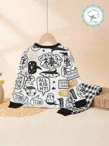 Conjunto de pijama con estampado de dibujos animados para niño pequeño, ropa de dormir, primavera/otoño - Blanco y Negro - Ver 2