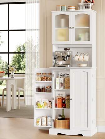 Freestanding Kitchen Cupboard, Tall Storage Cabinet With 4 Doors And Adjustable Shelves, Pantry Cupboard With Counter Top For Living Room, Dining Room, Entrance, White, 181x60x40cm