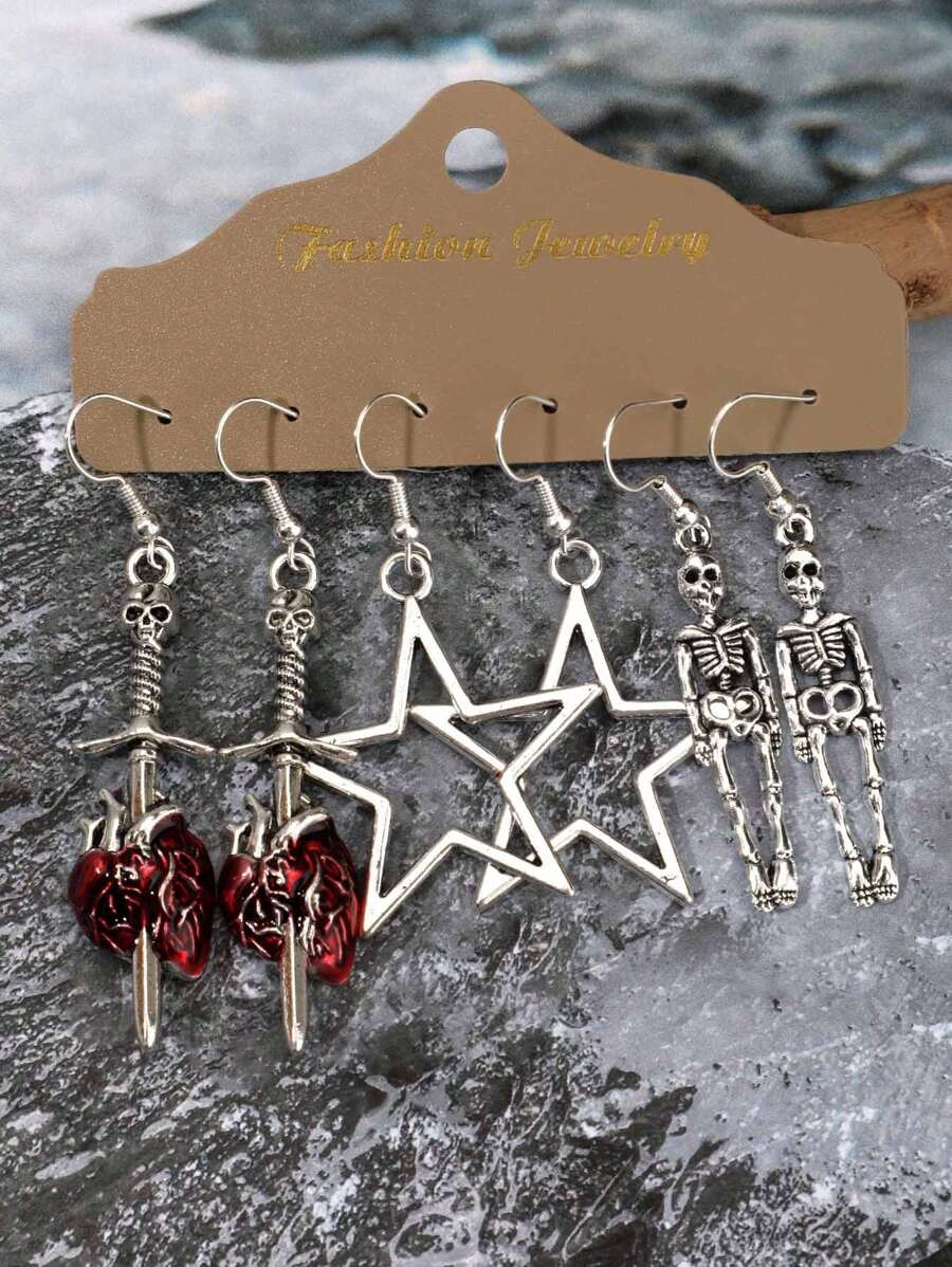 6pcs Gothic Style Big Star, Skull, Heart, Sword Earrings Set For Women (Does Not Include Card)