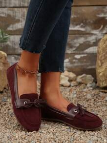 Ancora 红色绒面革复古女士乐福鞋，蝴蝶结装饰，平底鞋，秋季，舒适圆头平底一脚蹬休闲户外莫卡辛鞋 - 酒紅色 - 查看 4