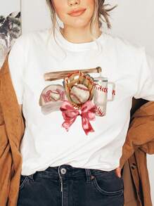 Baseball  Graphic Print T-Shirt, Short Sleeve Crew Neck Casual Top For Summer & Spring, Women's Clothing