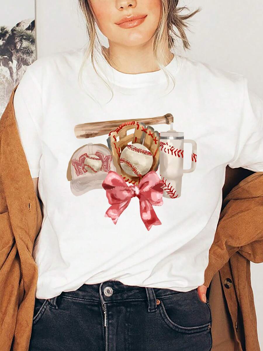 Baseball  Graphic Print T-Shirt, Short Sleeve Crew Neck Casual Top For Summer & Spring, Women's Clothing