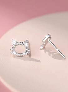 S925 Sterling Silver Asymmetric Zirconia Cute Cat Bone Stud Earrings, Ideal Valentine's Day Gift For Girlfriend/BFF, Hypoallergenic, Versatile For Party/Daily Wear, Great For Ear Piercing