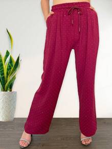 Women's Wide Leg Pants, Modern, Sexy And Casual Design, Small And Elegant Artificial Rhinestones And Decoration All Over The Pants, Polyester, Cotton And Spandex Fabric, Suitable For Spring And Summer Seasons, Functional Pockets, Natural Waist Adjustment With Elastic And Drawstring. Soft, Cool And Light. - 紅色 - 查看 3
