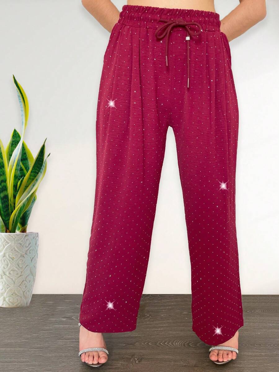 Women's Wide Leg Pants, Modern, Sexy And Casual Design, Small And Elegant Artificial Rhinestones And Decoration All Over The Pants, Polyester, Cotton And Spandex Fabric, Suitable For Spring And Summer Seasons, Functional Pockets, Natural Waist Adjustment With Elastic And Drawstring. Soft, Cool And Light. - 紅色 - 查看 1