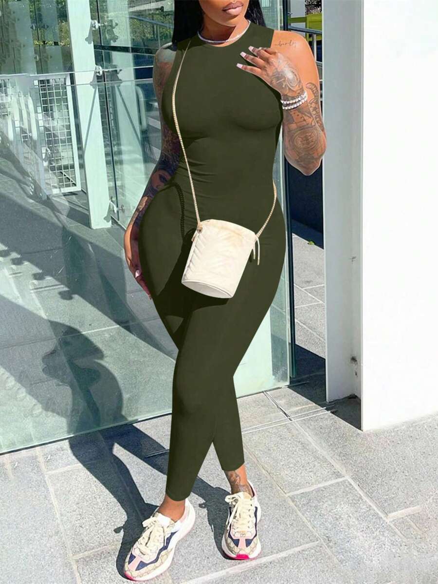Women's Casual Solid Color Sleeveless Jumpsuit - xanh quân đội - Xem 1