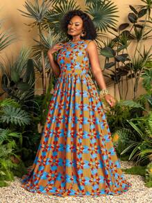 Faeriesty 加大休闲立领无袖花卉印花长裙节日连衣裙度假造型和花卉印花休闲连衣裙夏季连衣裙春装 - 橘色 - 查看 7