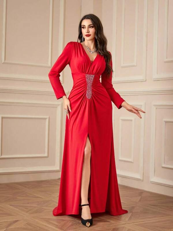 Vestido elegante de fiesta con escote en V, adornos de strass, drapeado en los costados y abertura lateral, ideal para invitada de boda, vestido de gala