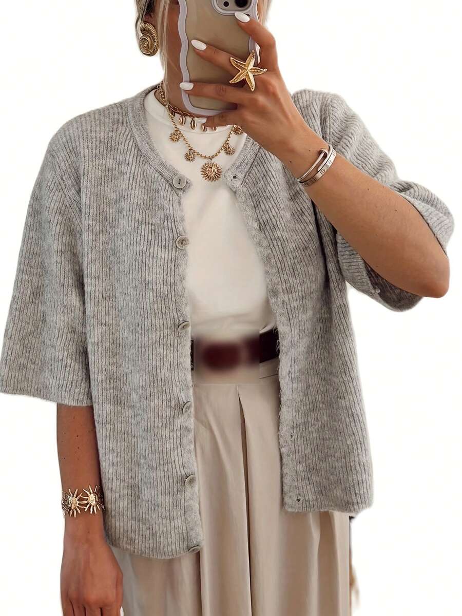 Cárdigan de punto de mujer para otoño, de manga corta, cuello redondo, unicolor, con botones, suéter de punto, estilo Y2K - Gris - Ver 1