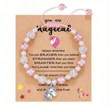 1pc Adjustable Unicorn Shaped Pendant Pink Beads Bracelet With Blessing Card, Jewelry Accessory - Pink - View 7
