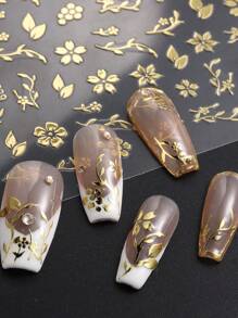 2pcs 3D Bronzing Flowers Nail Art Stickers Luxury Gold Spring Summer Simple Petals Florals Leaf DIY Self Adhesive Manicure Tips For DIY Nail Design - Gold - View 6