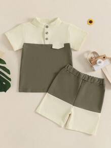 Little Boy Summer Clothes Contrast Color Henley Short Sleeve Pocket T-Shirt With Elastic Waist Shorts Outfit