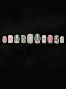 10PCS Viral Y2K Press On Nails - Sparkling Diamond Drip Design - Short Square Fake Nails For Everyday Glam