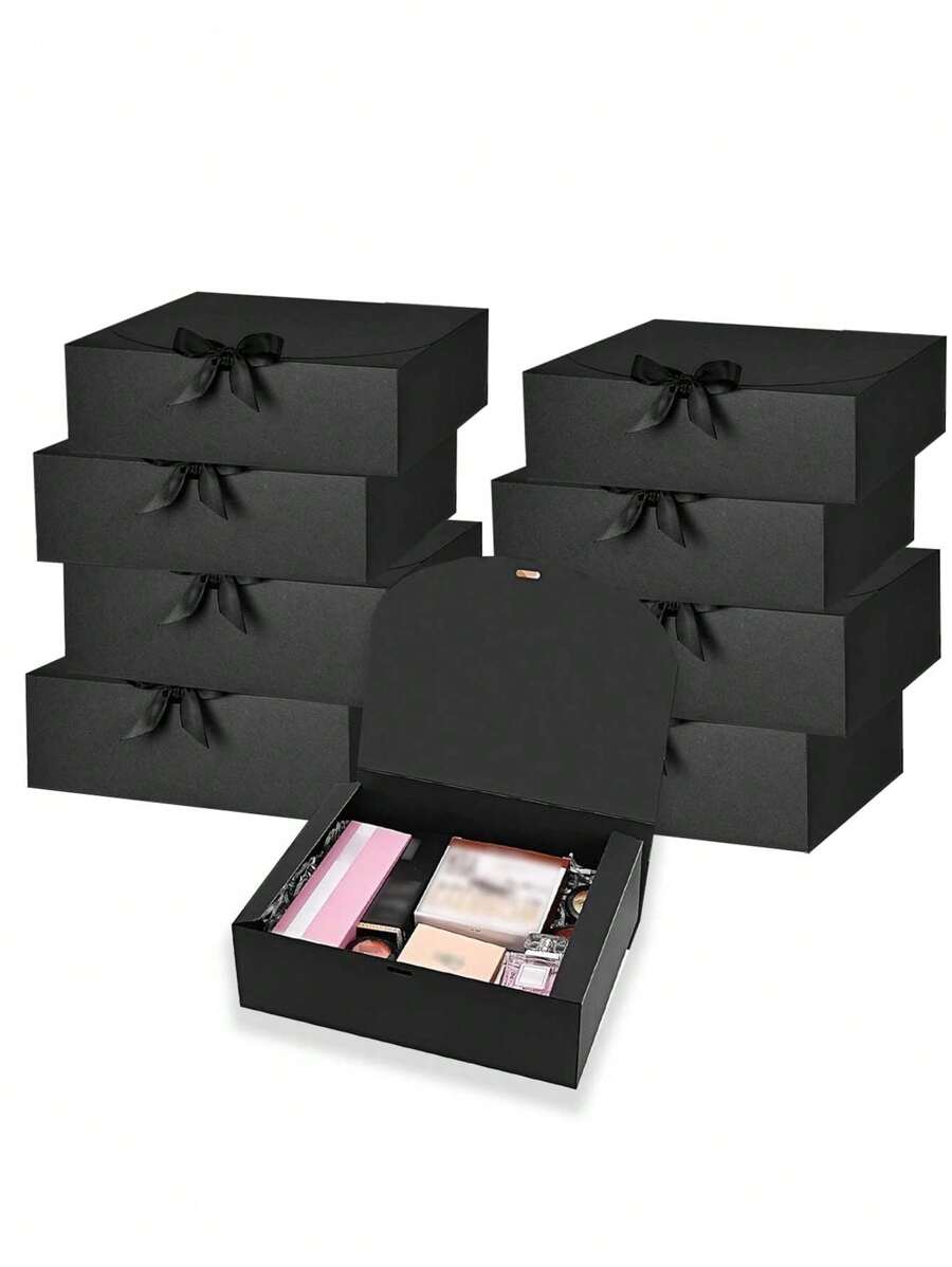 10个带盖黑色礼盒，伴郎邀请礼盒，带丝带的豪华黑色礼盒，适用于婚礼、生日、派对、毕业典礼、情人节、返校季及其他场合。