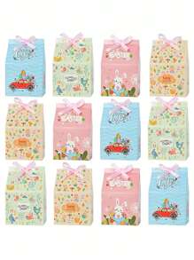 12 Stücke Geschenkboxen mit Schleife für Ostern, Cartoon Osterhase & Eier & Möhren Design Geschenkpapierboxen, ideal als Partyfavors für Frühlingsthemen, Heimdekoration & Osterfeierlichkeiten