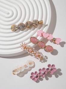 6个独特的彩色贝壳花朵和仿珍珠树脂发夹，优质材料，适合日常佩戴，发饰，发卡，爪夹，学习用品，珍珠发饰，女士度假装扮，头部配饰，发夹 - 彩色 - 查看 2