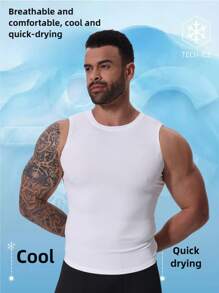 男士无袖T恤上衣，轻盈弹力，速干压缩舒适条纹面料，适合跑步、户外运动、日常休闲、健身训练，透气凉爽的打底衫。男士夏季篮球压缩无袖上衣，高弹透气圆领吊带运动上衣 - 白色 - 查看 3