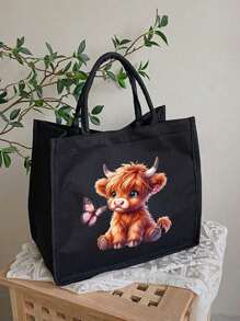 这款黑色亚麻手提袋饰有高地奶牛图案，包含一个黑色可爱卡通奶牛（大眼睛）和蝴蝶图案手提袋、一个小型零钱包/收纳袋、一个储物袋、高低奶牛图案、蝴蝶结，是母亲节礼物、个性化礼品袋的理想之选。黑色手提袋搭配黑色按扣，大小包组合，适合送给女性、母亲、教师、朋友、伴娘、学生以及返校季。