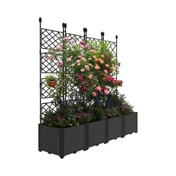 Plastic Plant Box With Metal Trellis, Raised Garden Bed With Trellis Planter For Climbing Plant Outdoor Raised Planter Box Privacy Screen For Patio Balcony,Planter Box For Backyard Patio