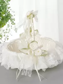 1个闪亮复古无纺布花篮，婚礼花童篮，蕾丝花边手提篮带蝴蝶结，米色小花篮，西式婚礼装饰，蕾丝布艺婚礼花篮，花童篮，伴娘手提篮，四季皆宜 - 米色 - 查看 9