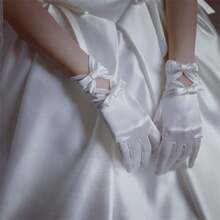 1 Pair Vintage Bridal Wedding Gown Satin Elastic Mid-Length Bow Fully Covered Perforated Gloves, Suitable For Weddings And Photo Studio Use