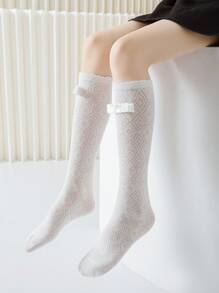 3 双女孩/儿童/婴儿过膝袜，白色纯色、条纹、菱形花纹、编织、蕾丝花边、蝴蝶结、长丝带、系带、直筒款式，可爱公主/学校风格，适合春夏季、日常穿着、派对、节日、返校，搭配皮鞋、运动鞋、乐福鞋 - 彩色 - 查看 4