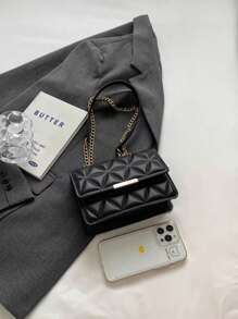 Stylish Solid Color And Printed Wide Strap Hard-Handheld Cross-Body Shoulder Bag For Women - Black - View 6