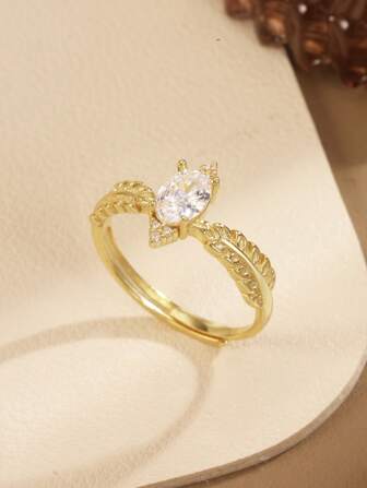 1 件 925 纯银白色水钻叶形可调节戒指，独特精致的女士礼品珠宝