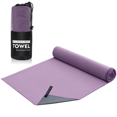 1 pieza Toalla de playa reversible de microfibra, manta de playa suave de doble cara de secado rápido, toalla portátil para deportes, yoga, gimnasio, color morado + gris oscuro, artículos esenciales de playa, accesorios de playa, flotador de piscina
