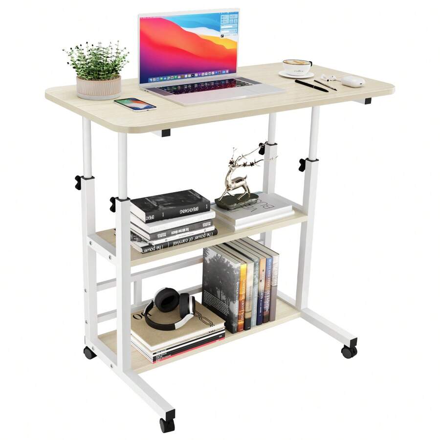 Mesa de Computadora Elevable con 3 Estantes, Altura Ajustable con Ruedas, Mesa Lateral Móvil para Dormitorio y Oficina, 60*40cm - Caqui - Ver 1