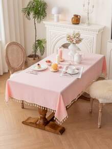 1pc Pleated Textured Pink & White Tassel Tablecloth, Simple & Versatile Rectangular Tablecloth, Suitable For Parties, Weddings, Birthdays, Holidays, Valentine's Day To Decorate Coffee Tables And Nightstands - Pink - View 3