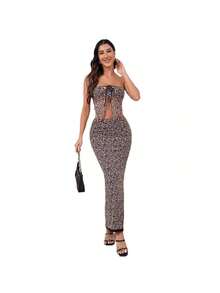YOKASA Leopard Print Mesh Patchwork Tube Top & Bodycon Skirt Set With Bow Tie - Brown - View 5