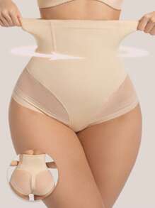 High Waisted Slimming Shaping Pants For Women, Mesh Fabric Tummy Control, Postpartum Body Shaper, Solid Color Sexy - Apricot - View 1