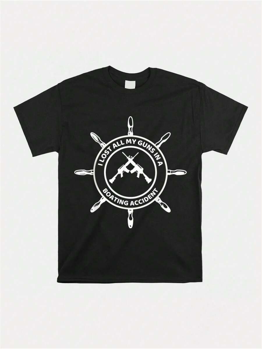 Camiseta "Perdí todas mis armas en un accidente de bote" Estampado de camiseta Patrón Ropa deportiva negra casual para hombre Chaqueta deportiva de manga corta Camiseta de 220g - Negro - Ver 1