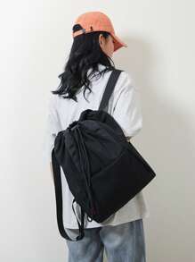 Water-Resistant Large Capacity Drawstring Backpack Tote Bag, Minimalist Fashion Outdoor Shoulder Bag - Black - View 8