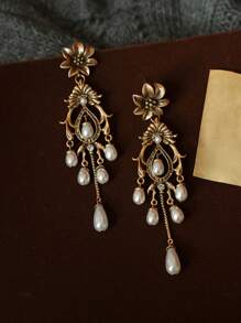 French Retro Silver Needle Flower Pearl Style Water Droplet Tassel Earrings, Medieval Vintage Court Style Earrings, Light Luxury Elegant Earrings, Ladies' Daily Party Accessories, Fashionable Jewelry, Best Friend Gifts - 金色 - 查看 9