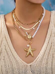 4 件套新款夏季时尚海星和贝壳海洋主题吊坠项链，适合女士，时尚配饰套装，适合派对、度假、海滩、宴会 - 項鍊 - 查看 1
