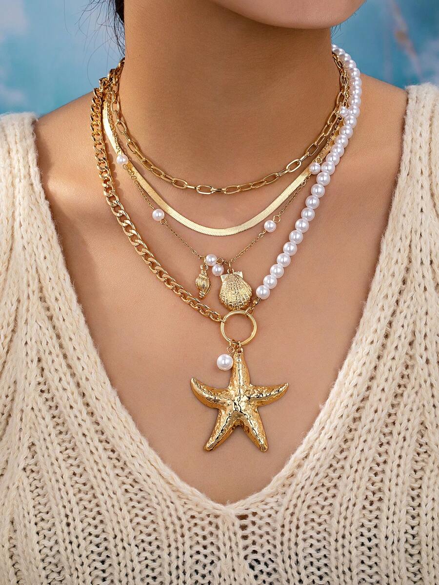4 件套新款夏季时尚海星和贝壳海洋主题吊坠项链，适合女士，时尚配饰套装，适合派对、度假、海滩、宴会 - 項鍊 - 查看 1