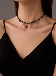 1件装女士春夏黑色玛瑙串珠吊坠项链，18K镀金铜材质高端多层颈链 - 黑金色 - 查看 1