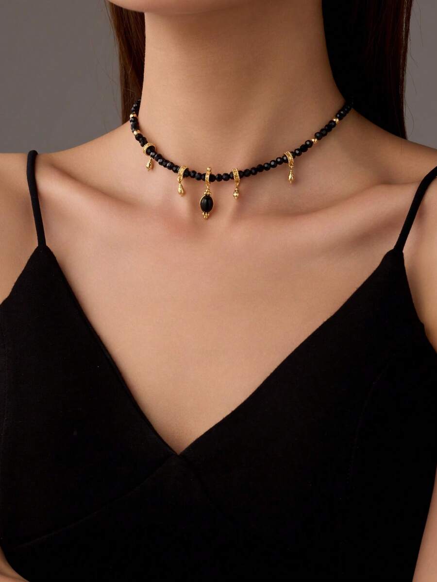 1件装女士春夏黑色玛瑙串珠吊坠项链，18K镀金铜材质高端多层颈链 - 黑金色 - 查看 1